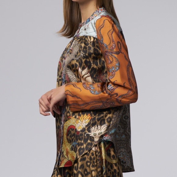 La Prestic Ouiston Romee Silk Blouse Popover Top Mixed Print Bird Snake Leopard - Picture 4 of 16